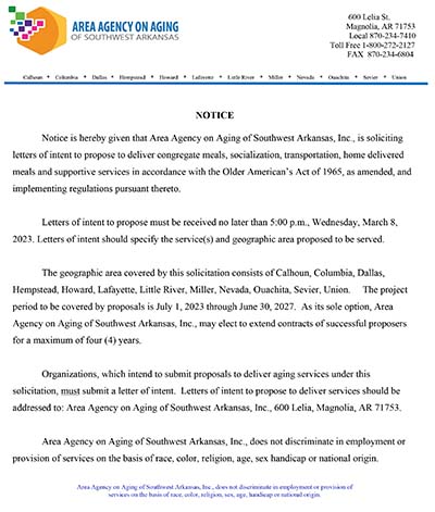 Notice given; soliciting letters of intent
